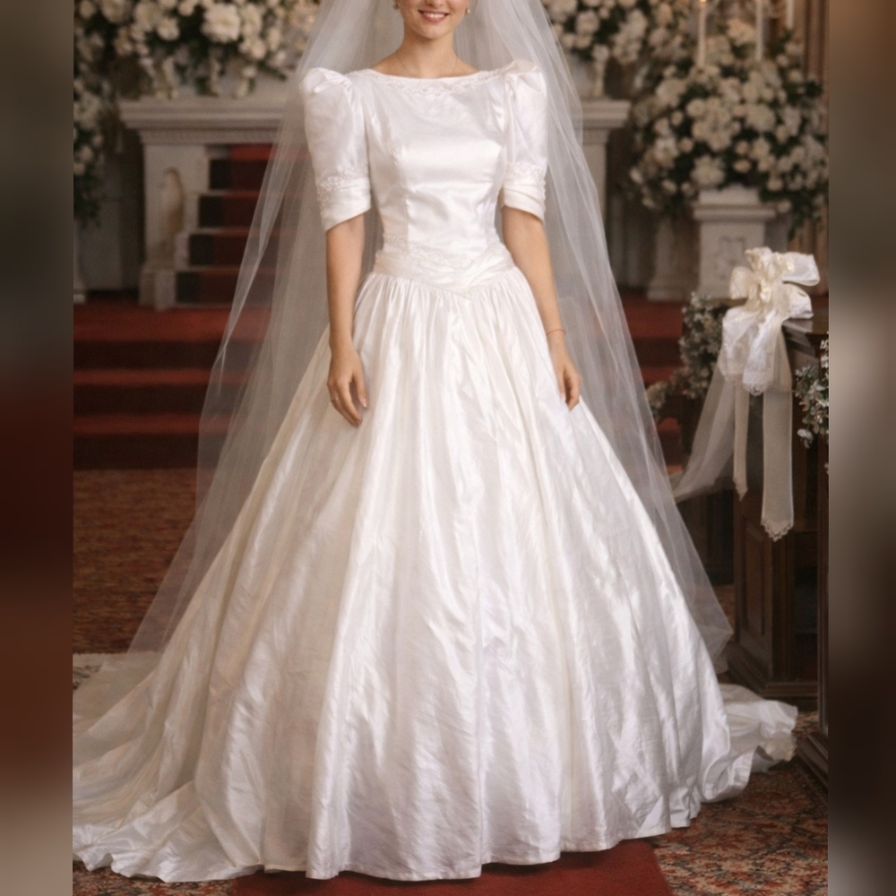 Ceremonia Vintage 80s 90s Beaded Boat Neck White Wedding Dress sz 6